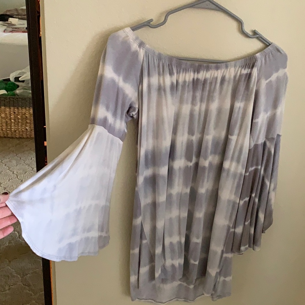 Gray and white tie dye  bell sleeved dress, hangs off the shoulders